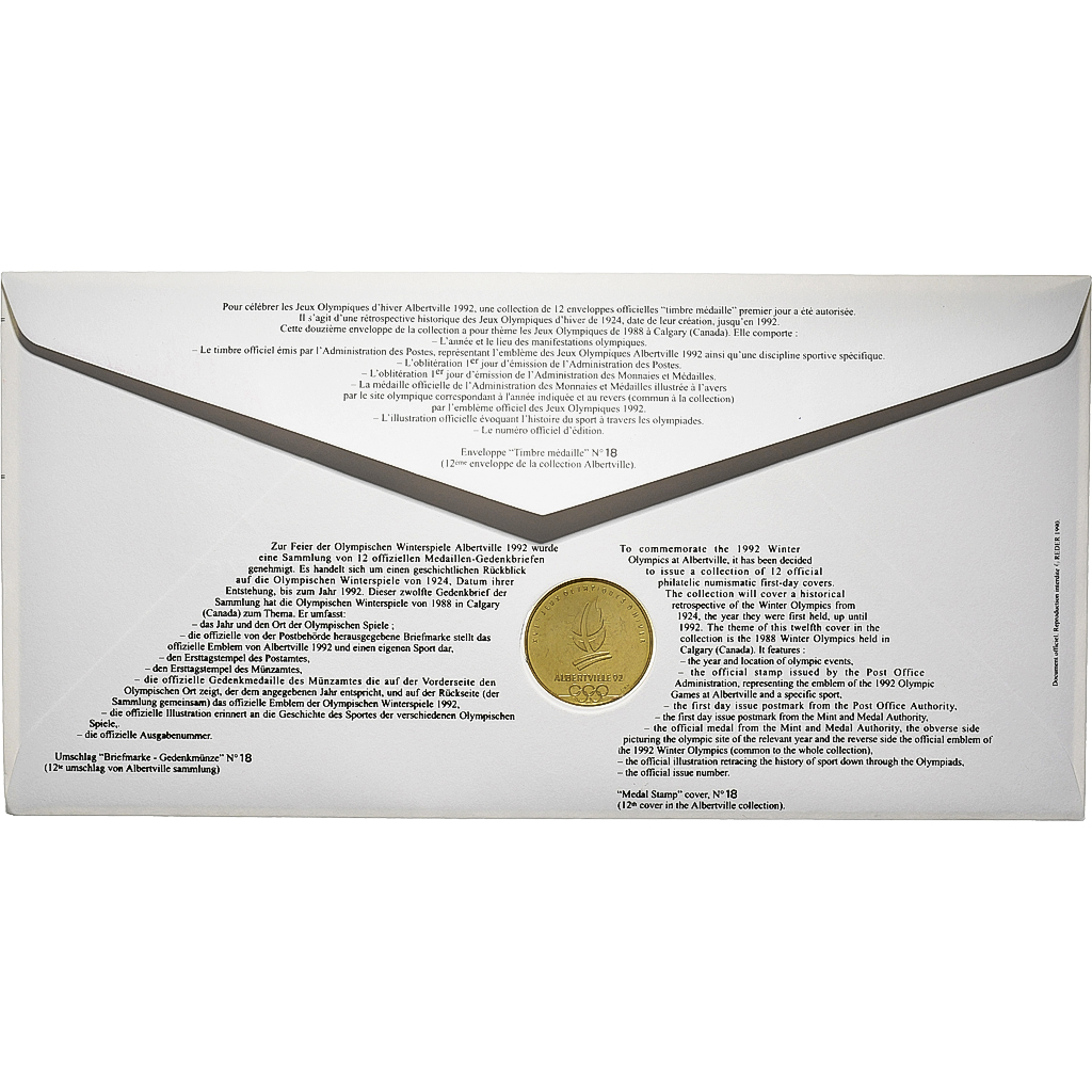 France, Medal + stamp, XVIème JO d'Albertville, Calgary, 1991, Copper-nickel