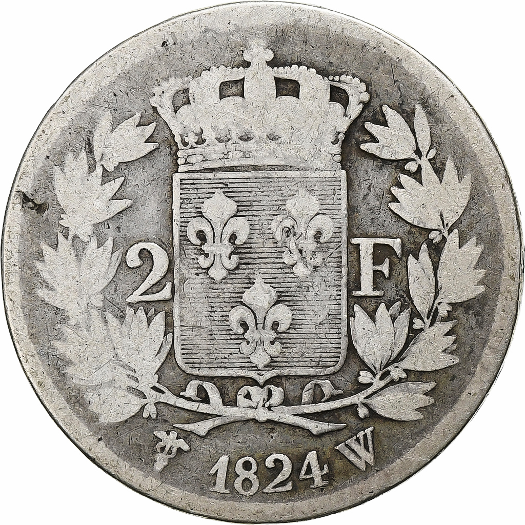 Frankrijk, Louis XVIII, 2 Francs, 1824, Lille, Zilver, FR, Gadoury:513
