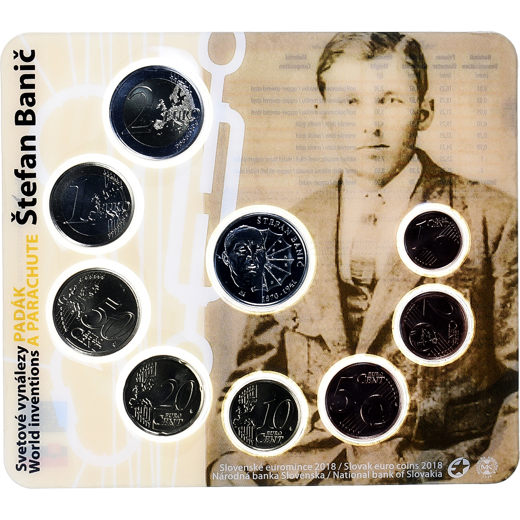 Slowakei, Coffret 1c. à 2€ + jeton, Štefan Banič, Parachute, 2018