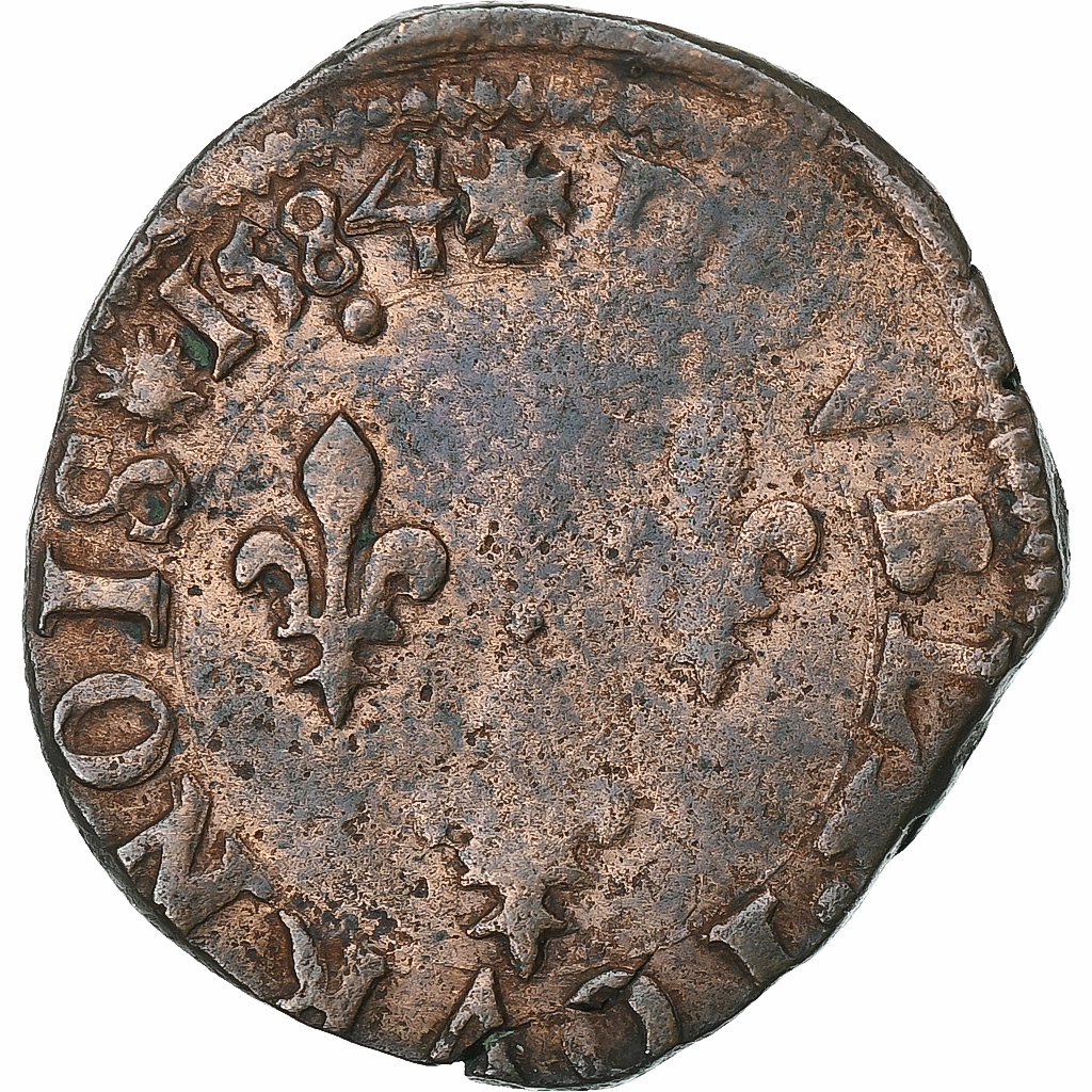 France, Henri III, Double Tournois, 1584, Poitiers, Copper, 