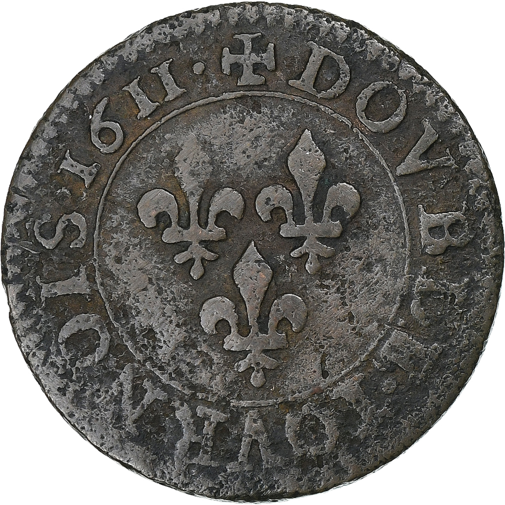 France, Louis XIII, Double Tournois, 1611, Paris, Copper, , Gadoury:5
