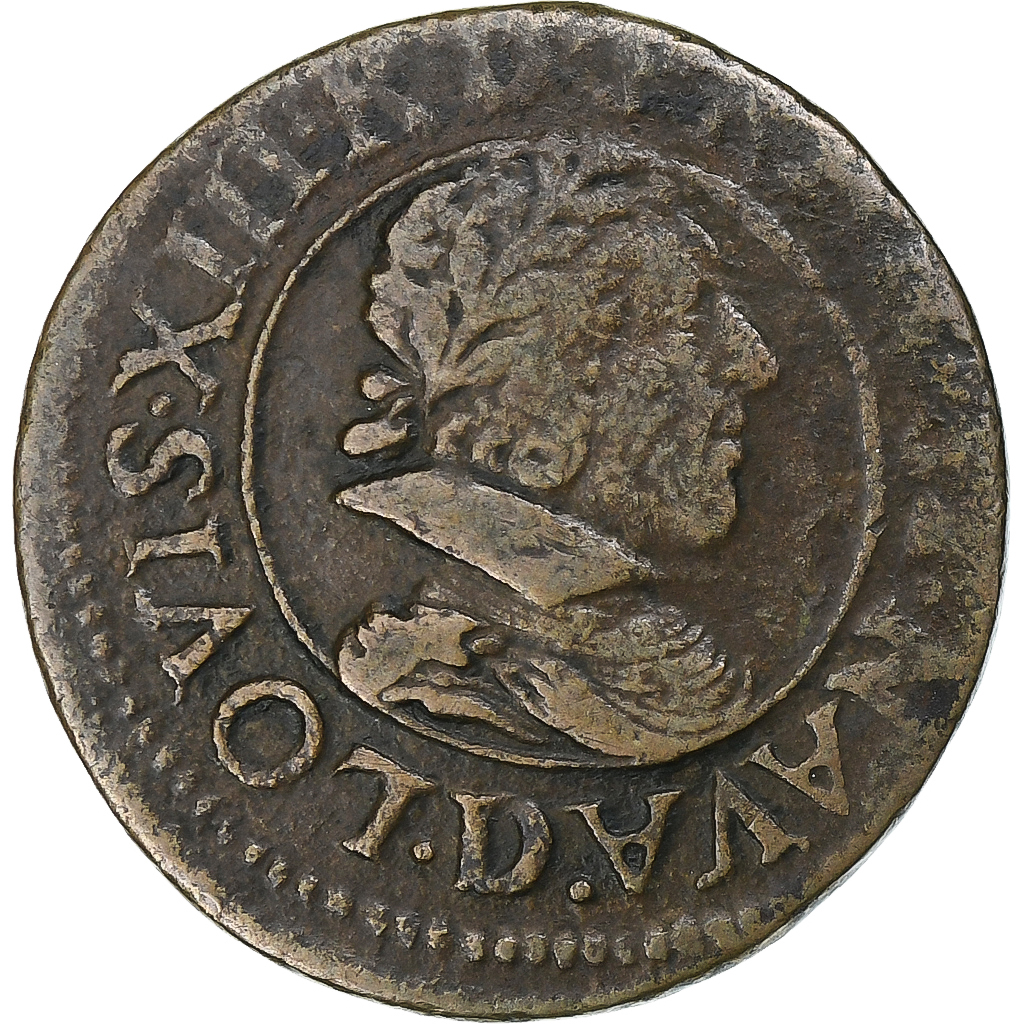 France, Louis XIII, Double Tournois, 1628, Lyon, Copper, , Gadoury:8