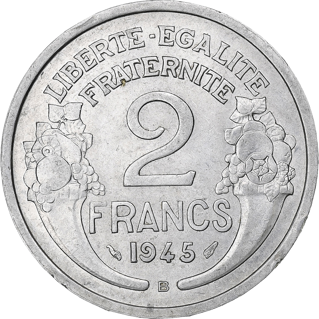 Frankrijk, 2 Francs, Morlon, 1945, Beaumont-Le-Roger, Aluminium, PR