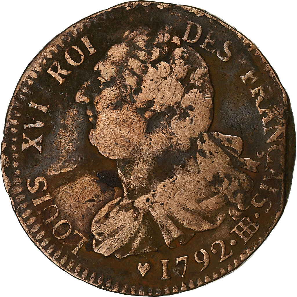 France, Louis XVI, 2 sols Français, 1792 / AN 4, Strasbourg, Copper, VF