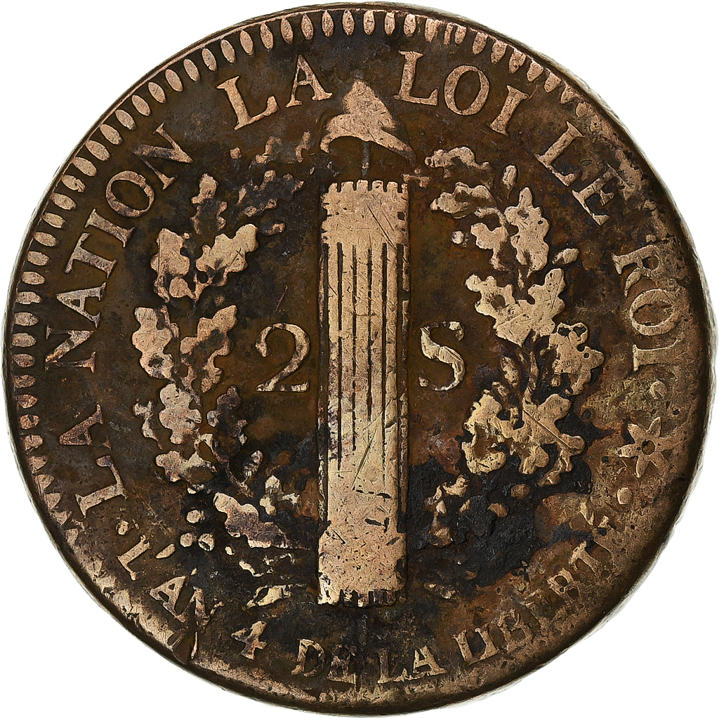 France, Louis XVI, 2 sols Français, 1792 / AN 4, Strasbourg, Copper, VF