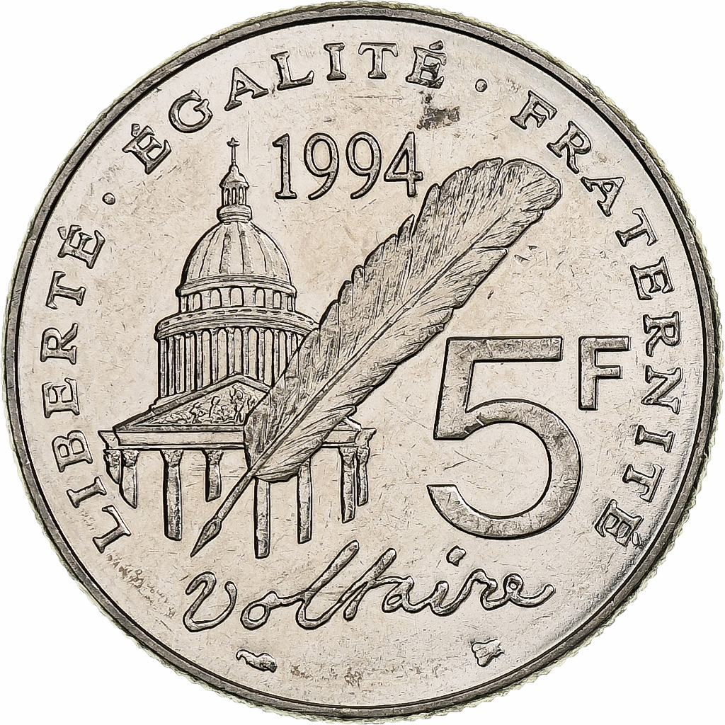 France, 5 Francs, Voltaire, 1994, Pessac, Nickel Clad Copper-Nickel, 