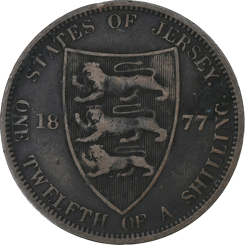 Jersey, Victoria, 1/12 Shilling, 1877, Heaton, Bronze, , KM:8