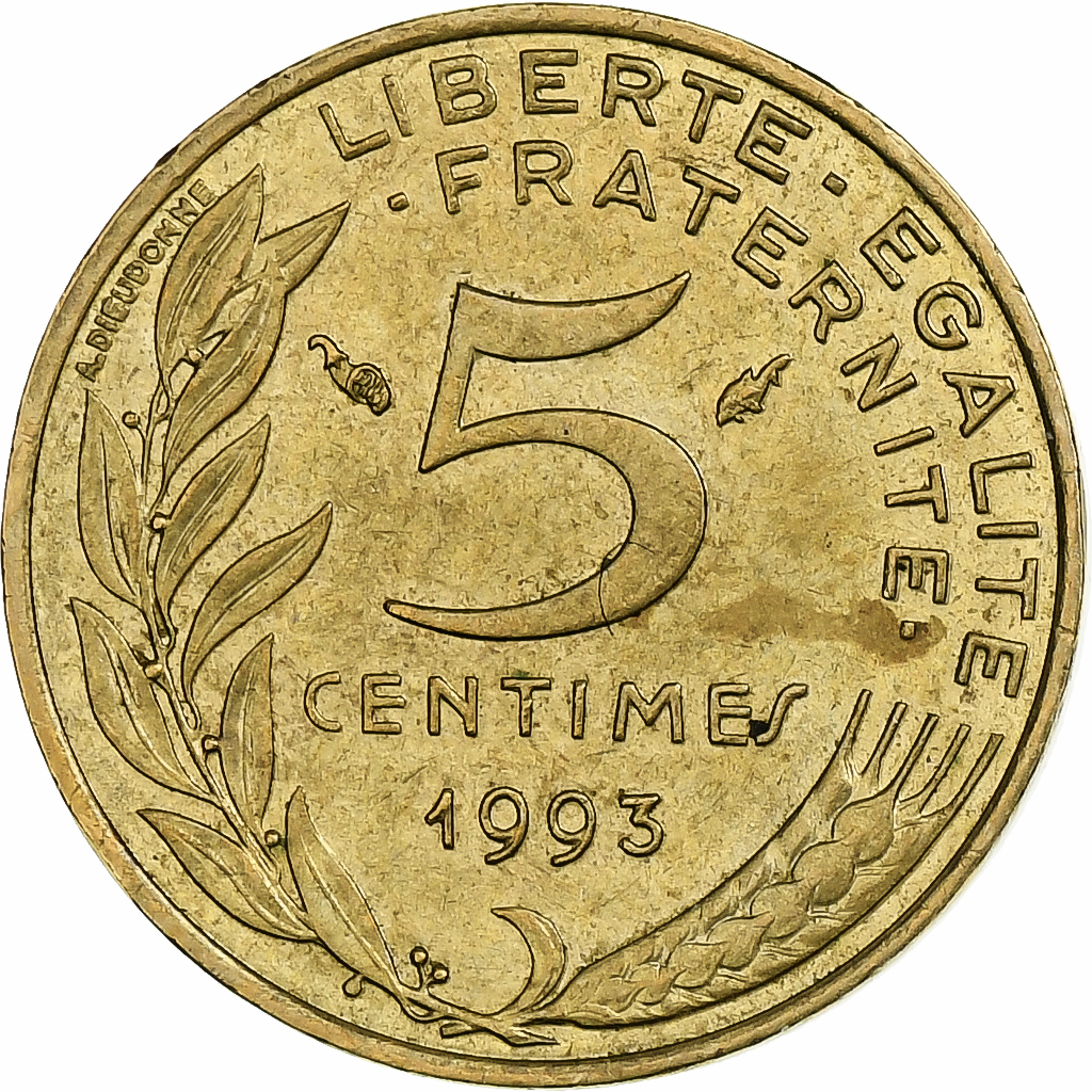France, 5 Centimes, Marianne, 1993, Pessac, Aluminum-Bronze, 