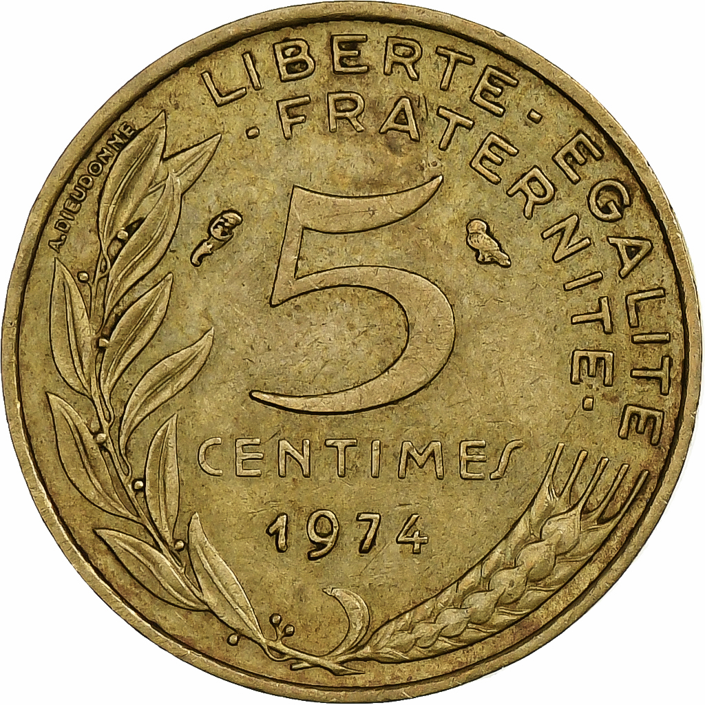 France, 5 Centimes, Marianne, 1974, Pessac, Aluminum-Bronze, 