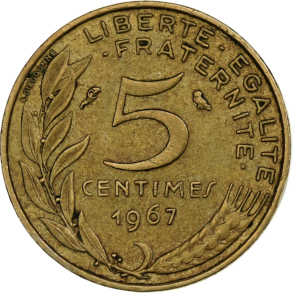 France, 5 Centimes, Marianne, 1967, Paris, Aluminum-Bronze, 