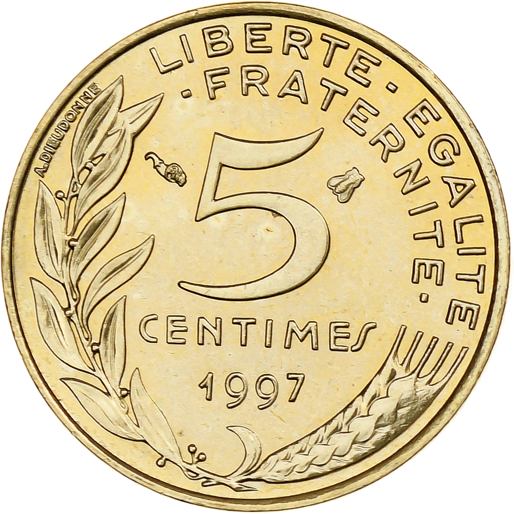France, 5 Centimes, Marianne, 1997, Pessac, BU, Aluminum-Bronze, 