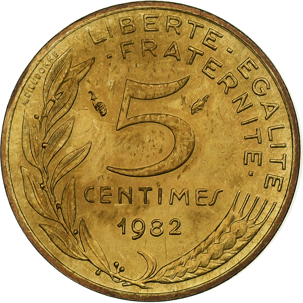 France, 5 Centimes, Marianne, 1982, Pessac, Aluminum-Bronze, 