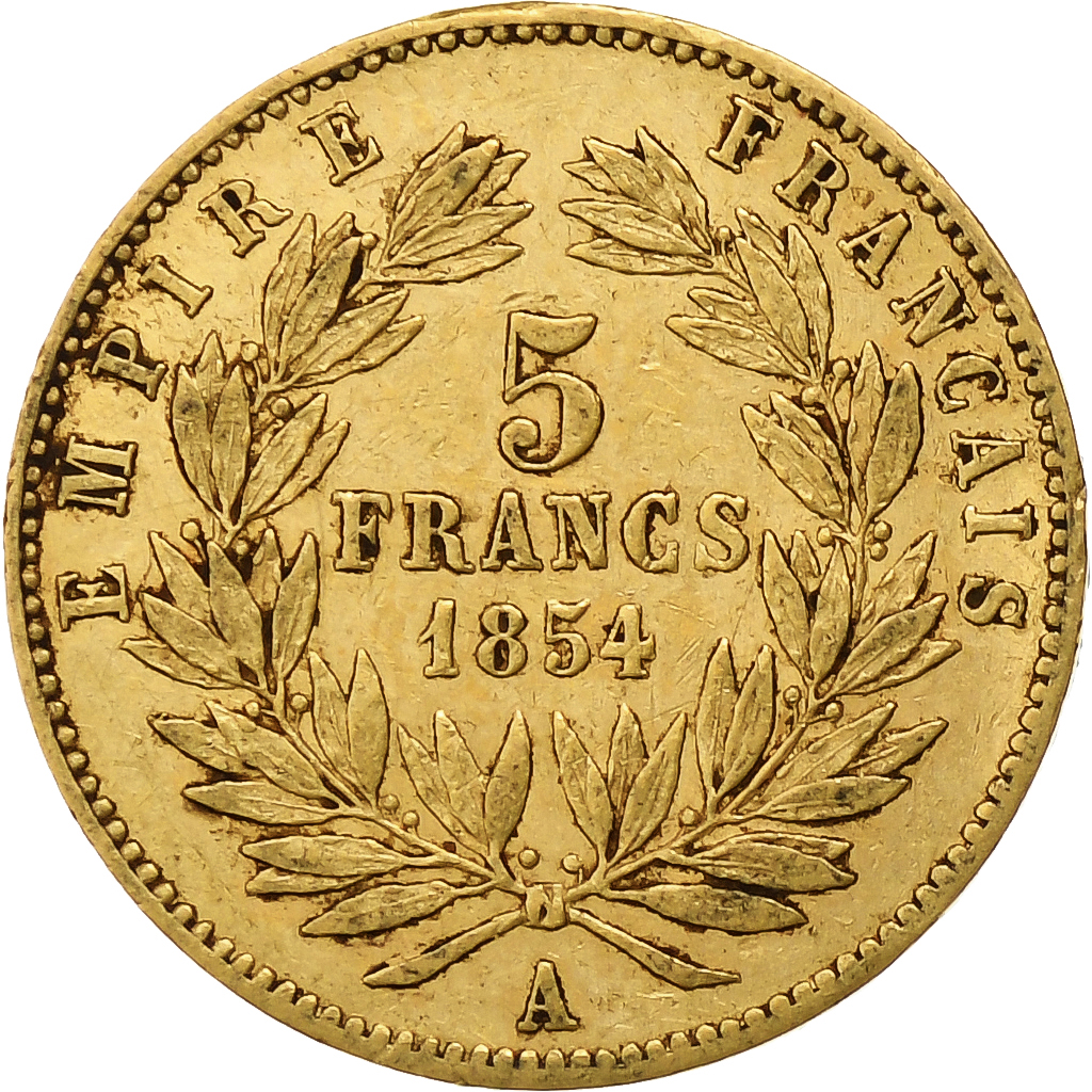 France, Napoleon III, 5 Francs, 1854, Paris, tranche lisse, Gold, 