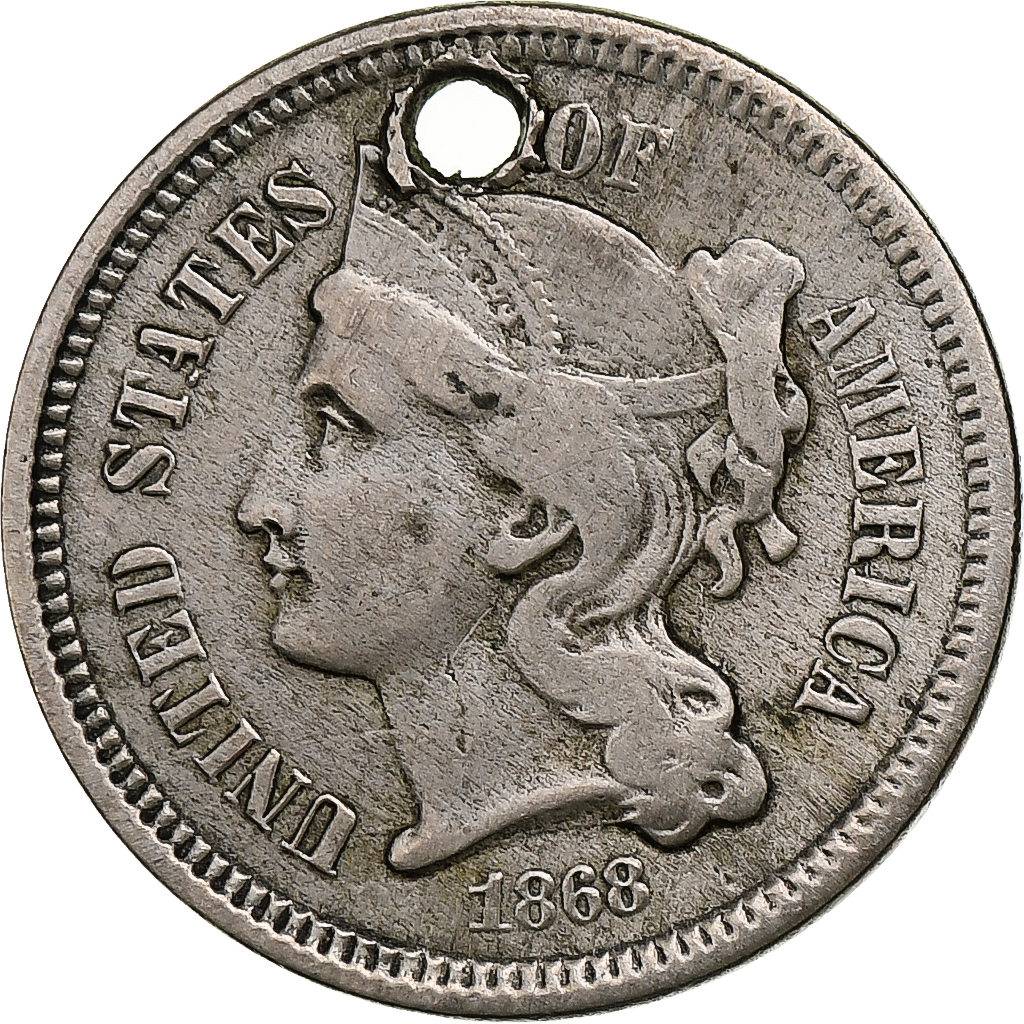 United States, Nickel 3 Cents, 1868, Philadelphia, Holed, Nickel, 