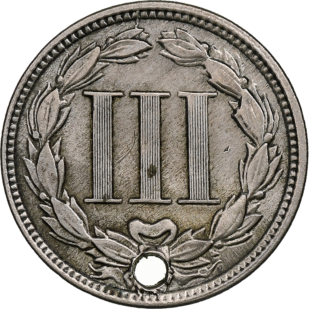 United States, Nickel 3 Cents, 1868, Philadelphia, Holed, Nickel, 
