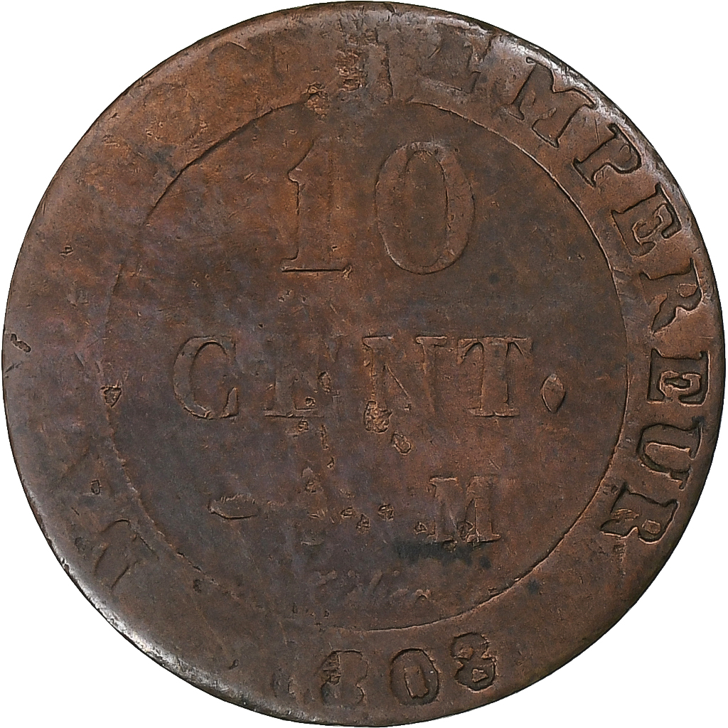 France, Napoleon I, 10 Centimes, 1808, Toulouse, Billon, F, Gadoury:190