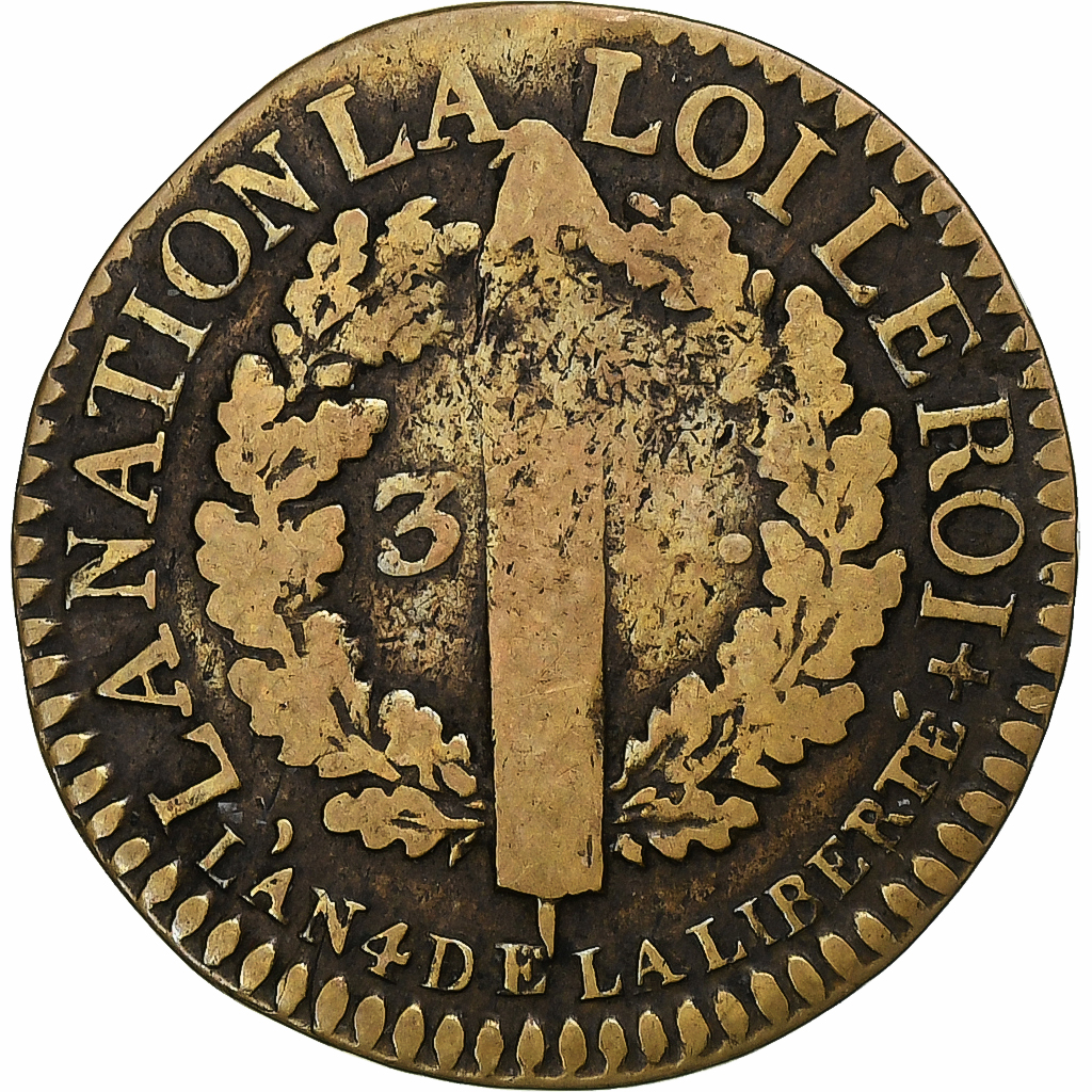 Frankrijk, Louis XVI, 3 Deniers, 1792 / AN 4, Limoges, Tin, FR+, Gadoury:5