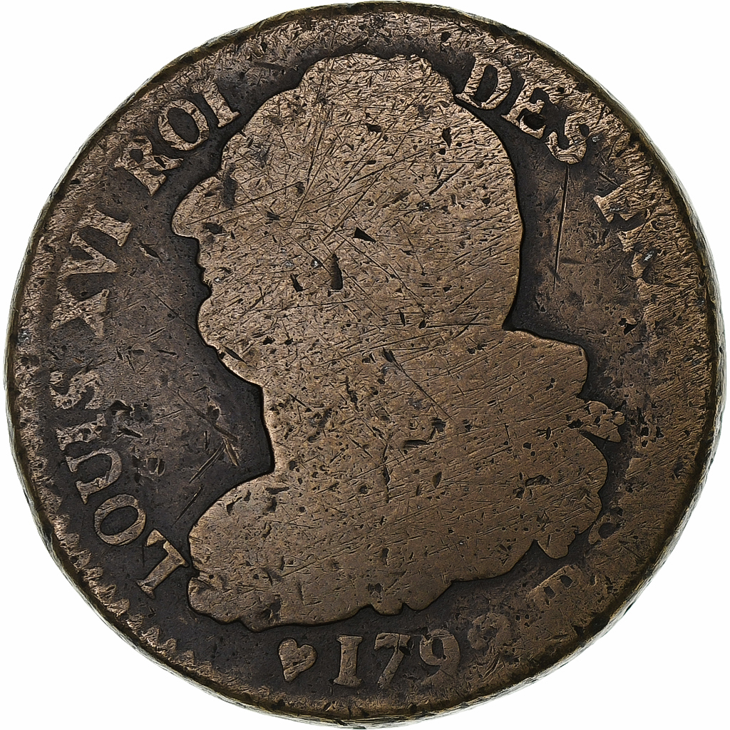 France, Louis XVI, 2 sols Français, 1792 / AN 4, Strasbourg, Copper, 