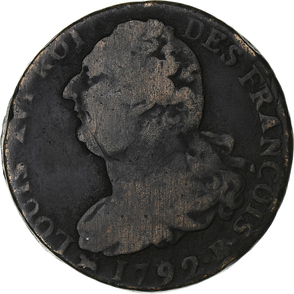 France, Louis XVI, 2 sols François, 1792 / AN 4, Rouen, Copper, 