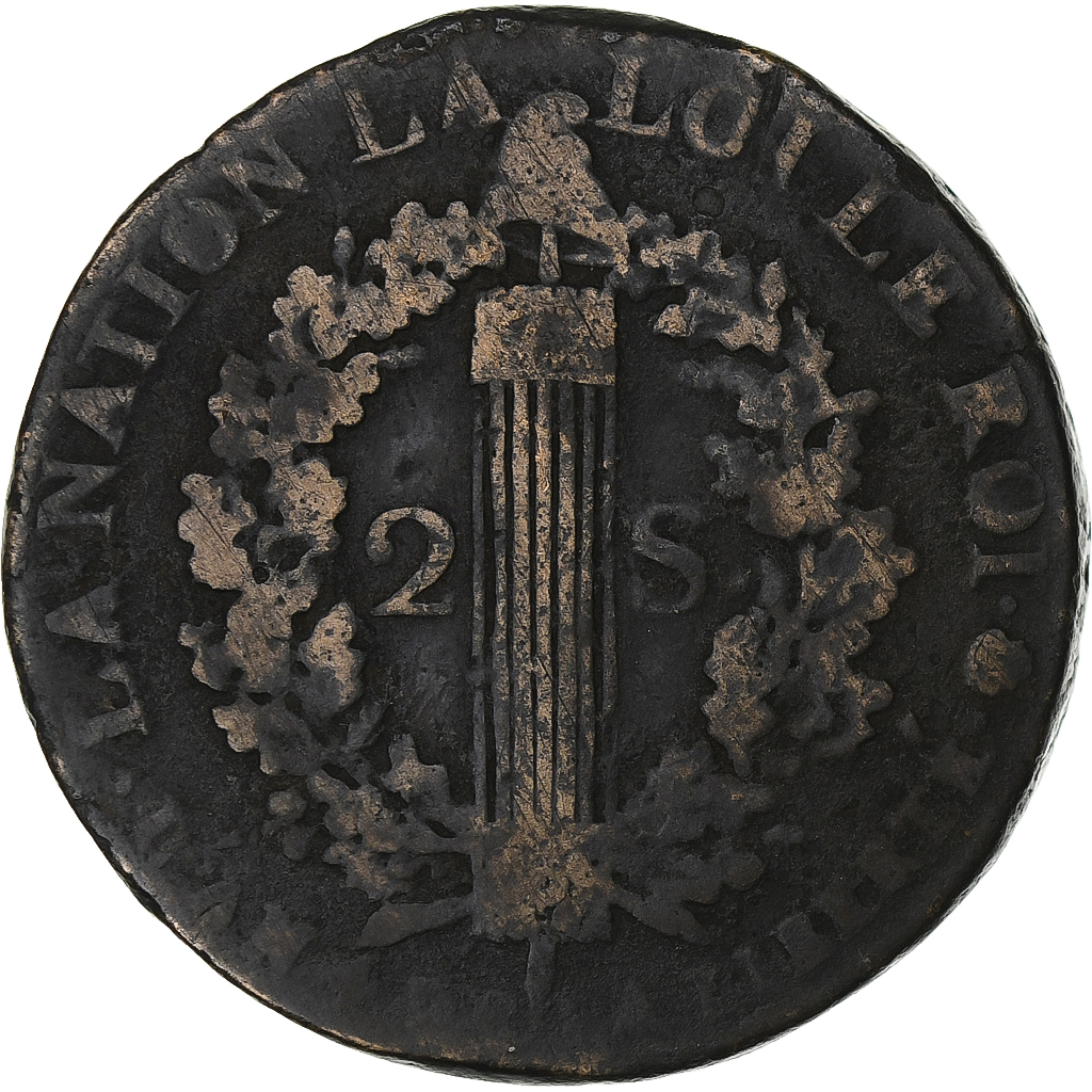 France, Louis XVI, 2 sols François, 1792 / AN 4, Rouen, Copper, 