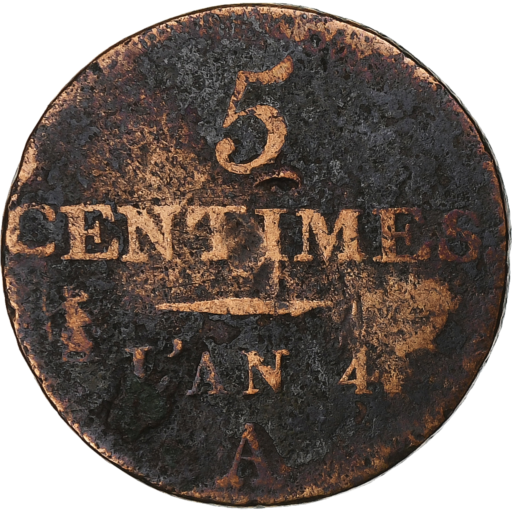 France, 5 Centimes, Dupré, AN 4, Paris, Petit module, Bronze, VF