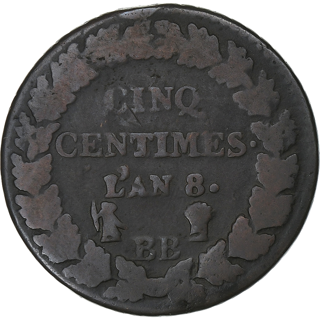 France, 5 Centimes, Dupré, AN 8, Strasbourg, Copper, , Gadoury:126a