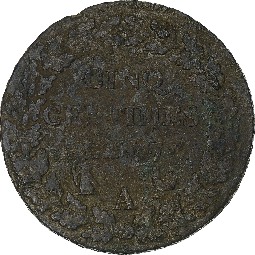France, 5 Centimes, Dupré, AN 7, Paris, Copper, VF, Gadoury:126