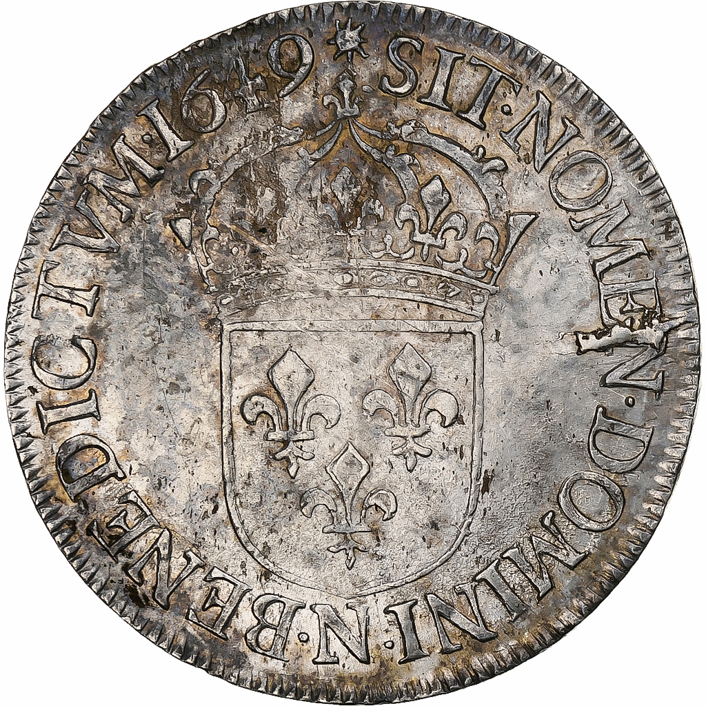 France, Louis XIV, Écu à la mèche longue, 1649, Montpellier, Silver