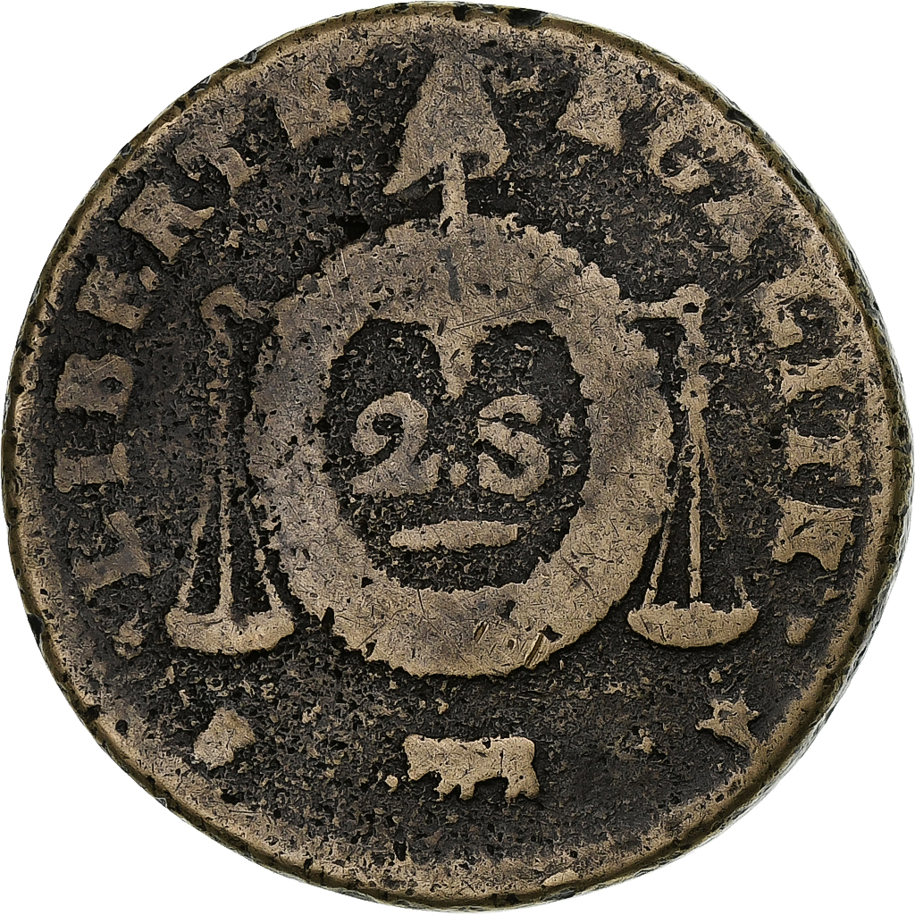 France, 2 sols aux balances non daté, An 2, Pau, Métal de cloche, 