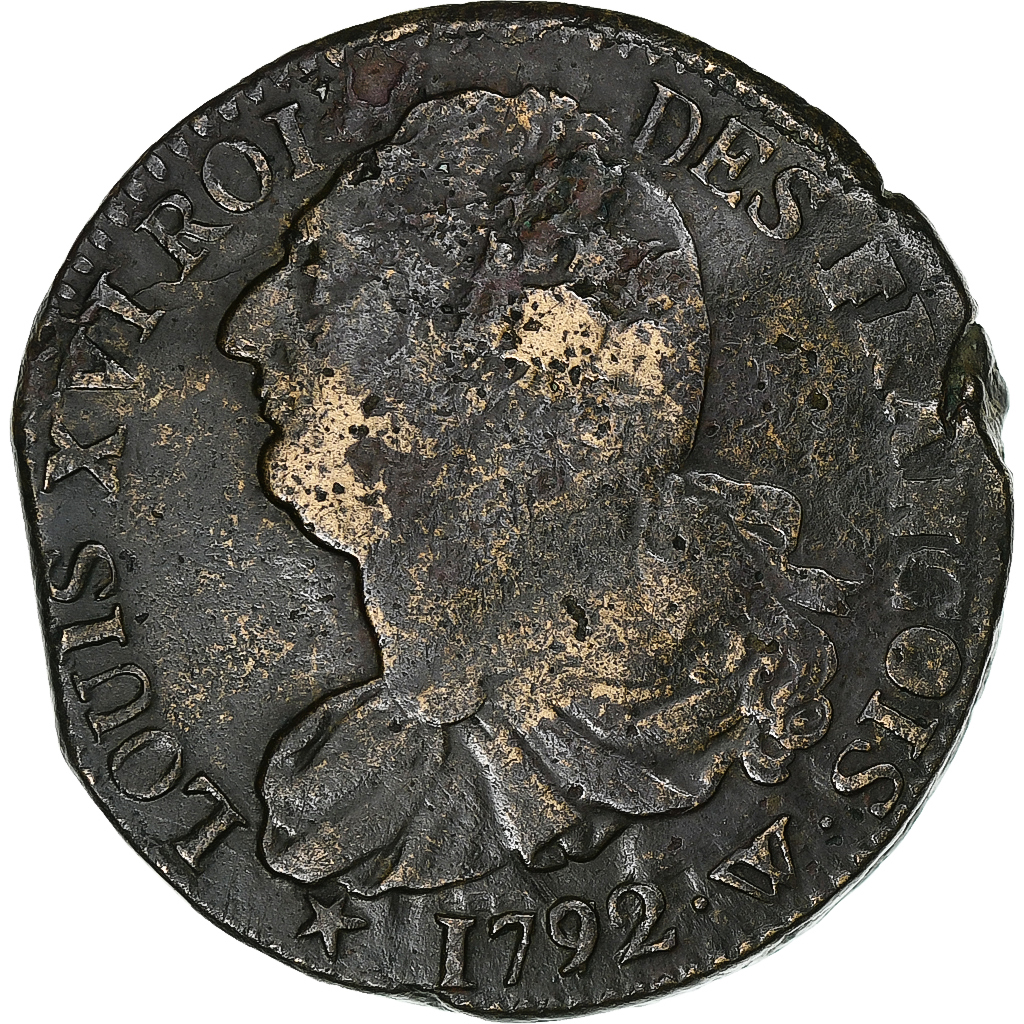France, Louis XVI, 2 sols François, 1792 / AN 4, Lille, Bronze, VF