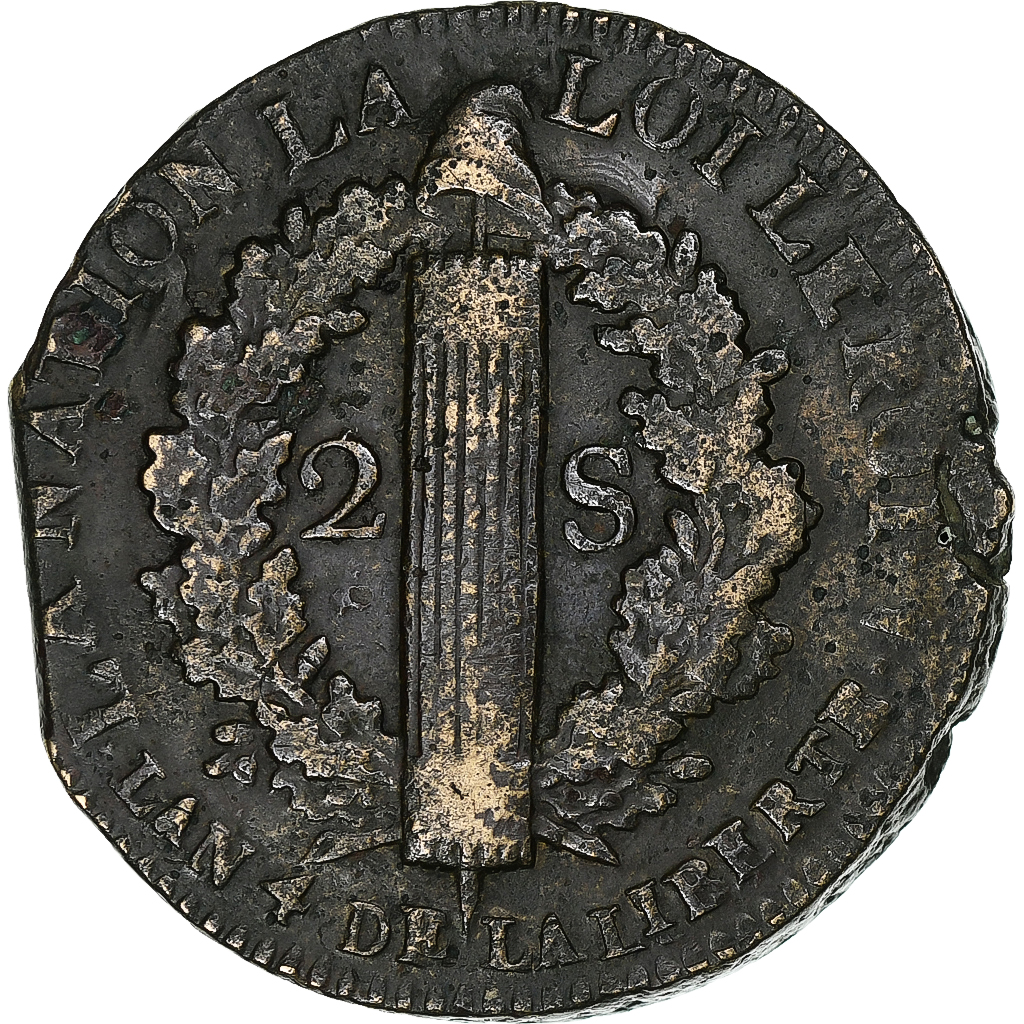 France, Louis XVI, 2 sols François, 1792 / AN 4, Lille, Bronze, VF