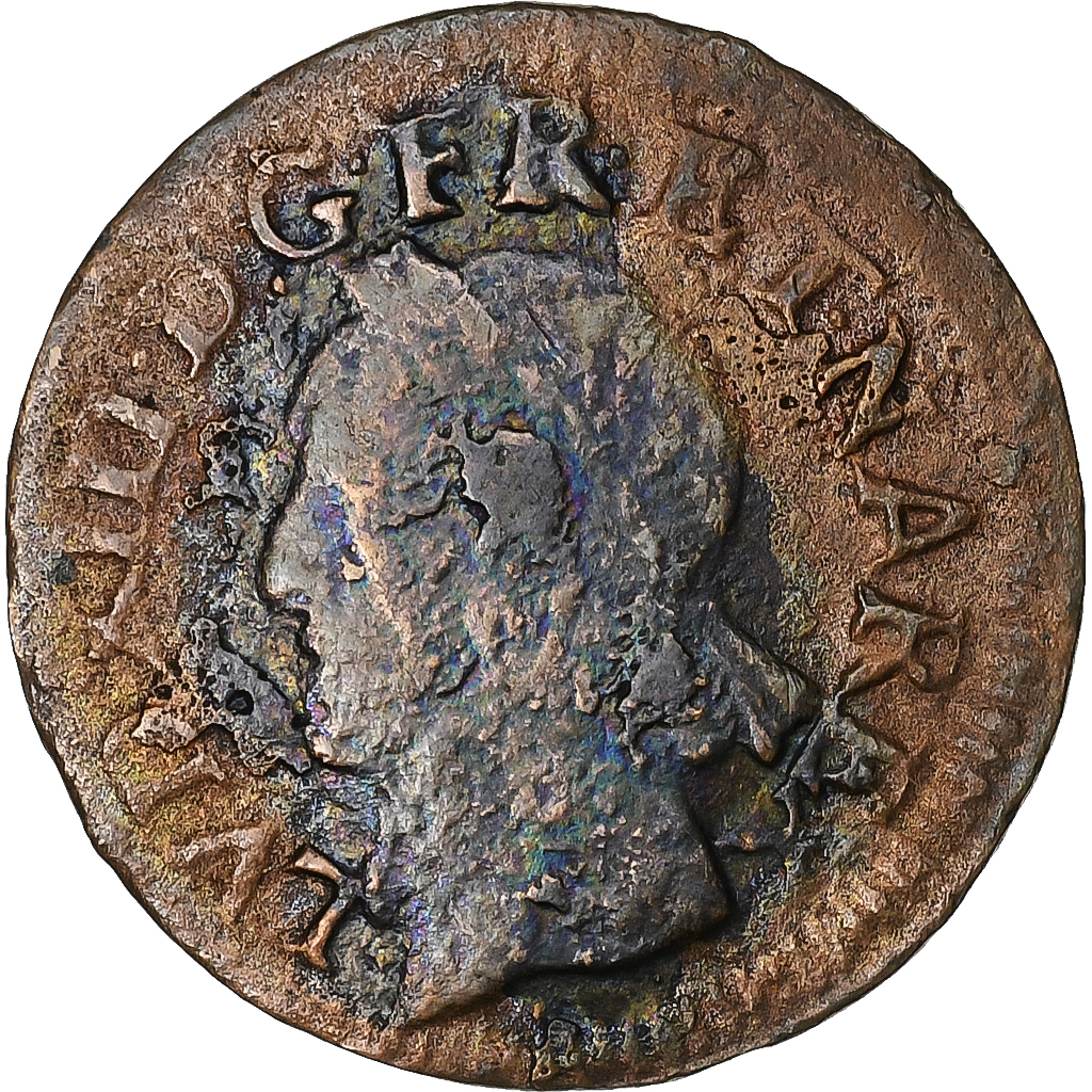 France, Louis XIII, Double Tournois, 1643, Bordeaux, Copper, VF(20-25)
