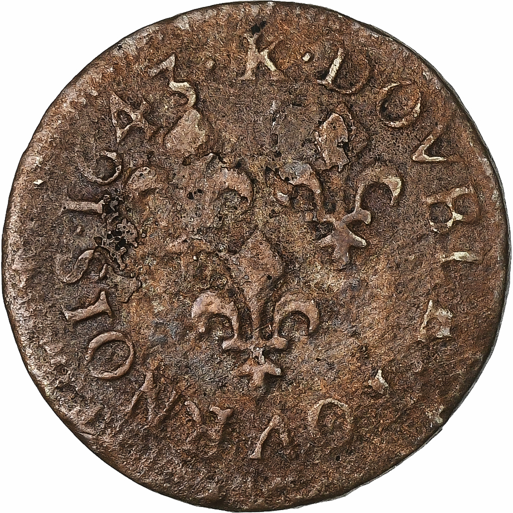 France, Louis XIII, Double Tournois, 1643, Bordeaux, Copper, VF(20-25)