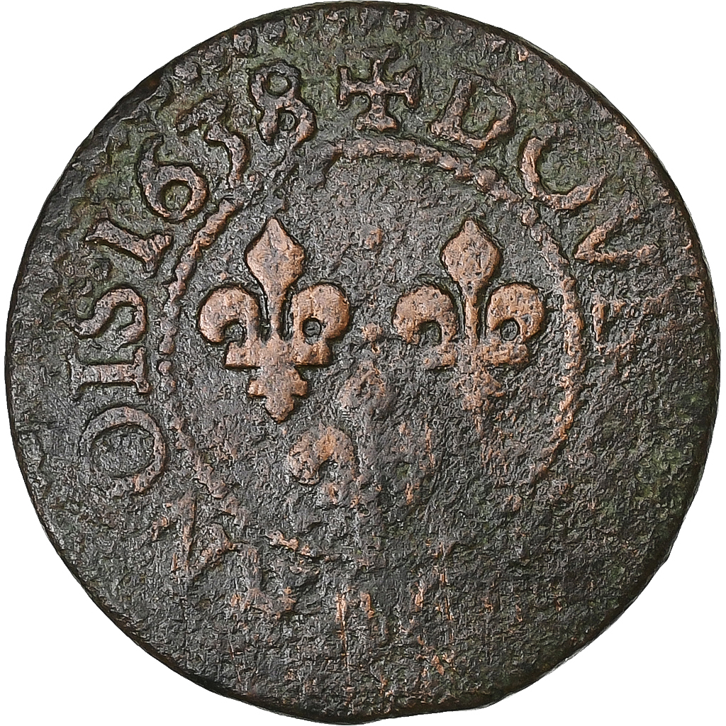 France, Louis XIII, Double Tournois, 1638, Troyes, Copper, , Gadoury:11