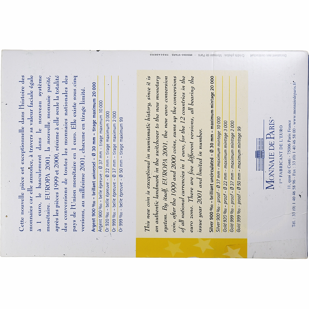 France, 6.55957 Francs, Europa - monnaie parité, 2001, Monnaie de Paris
