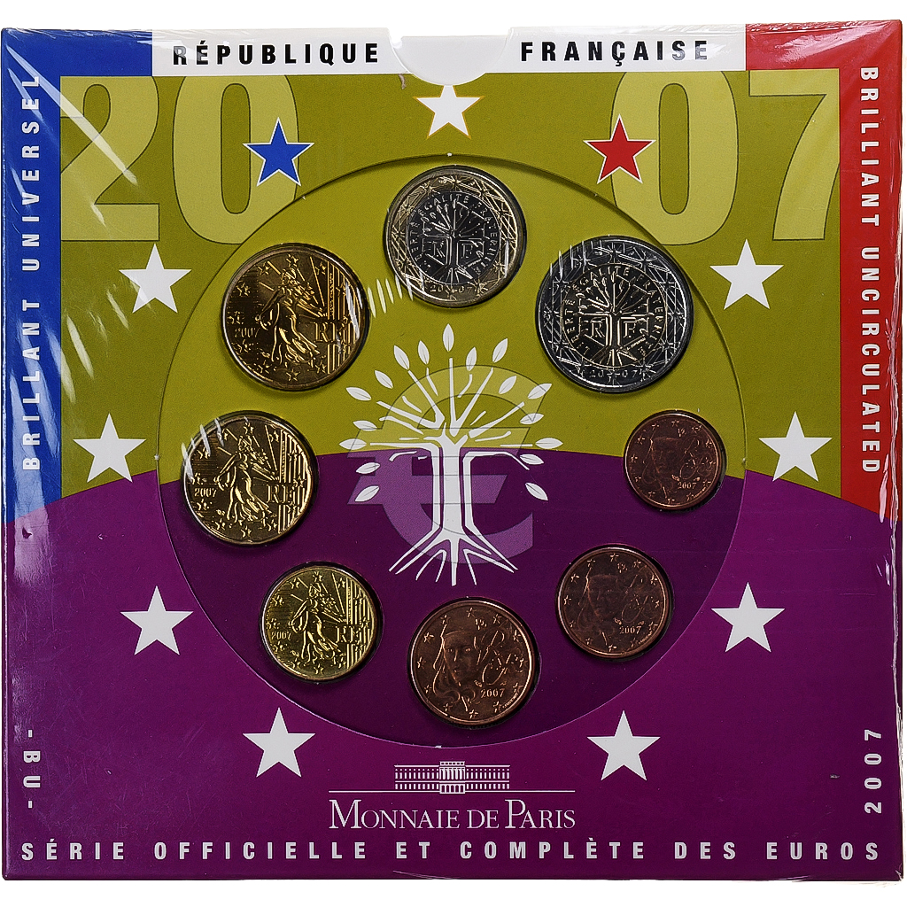 France, 1 Cent to 2 Euro, BU, 2007, Monnaie de Paris, FDC
