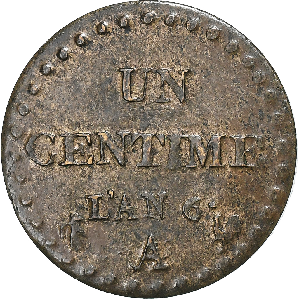 France, Centime, Dupré, AN 6, Paris, Copper, AU, Gadoury:76