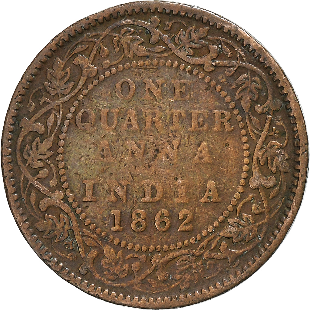 India-British, Victoria, 1/4 Anna, 1862, Calcutta, Copper, , KM:467
