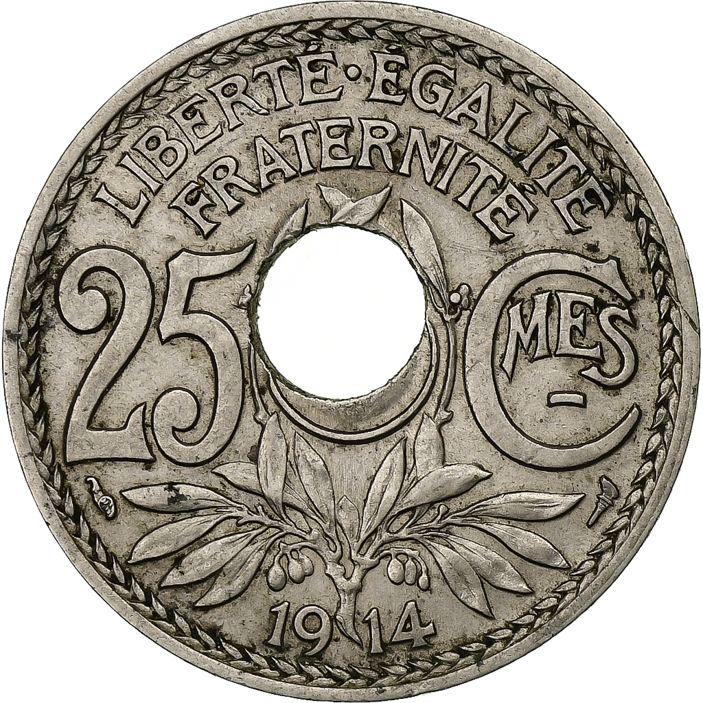 France, 25 Centimes, Lindauer, 1914, Paris, Off-centre hole, Nickel, 