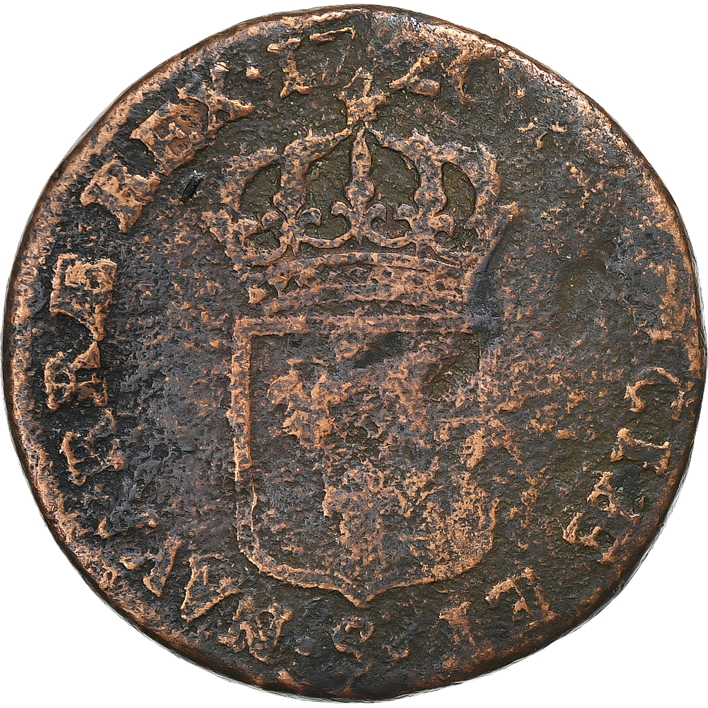 France, Louis XV, Sol au buste enfantin, 1720, Reims, Copper, 