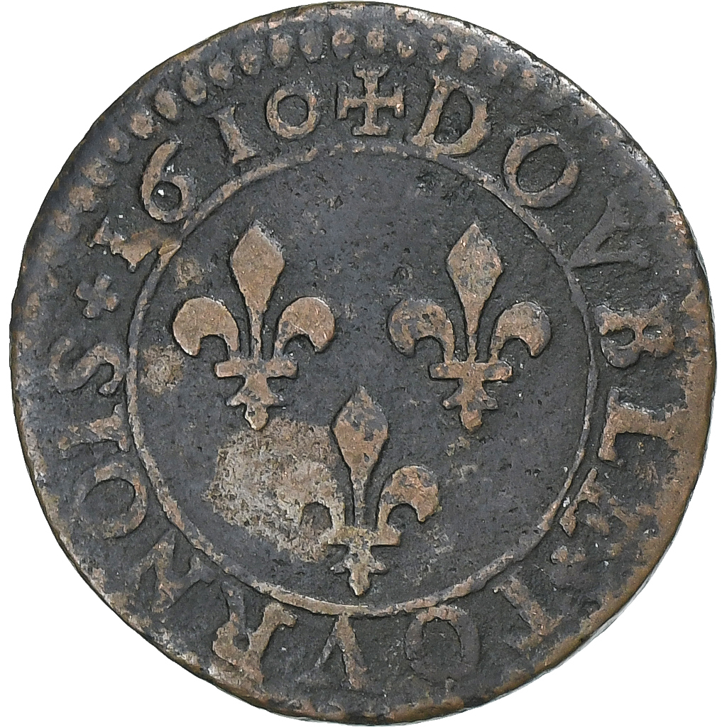 France, Henri IV, Double Tournois, 1610, Lyon, Copper, VF(20-25), Gadoury:538