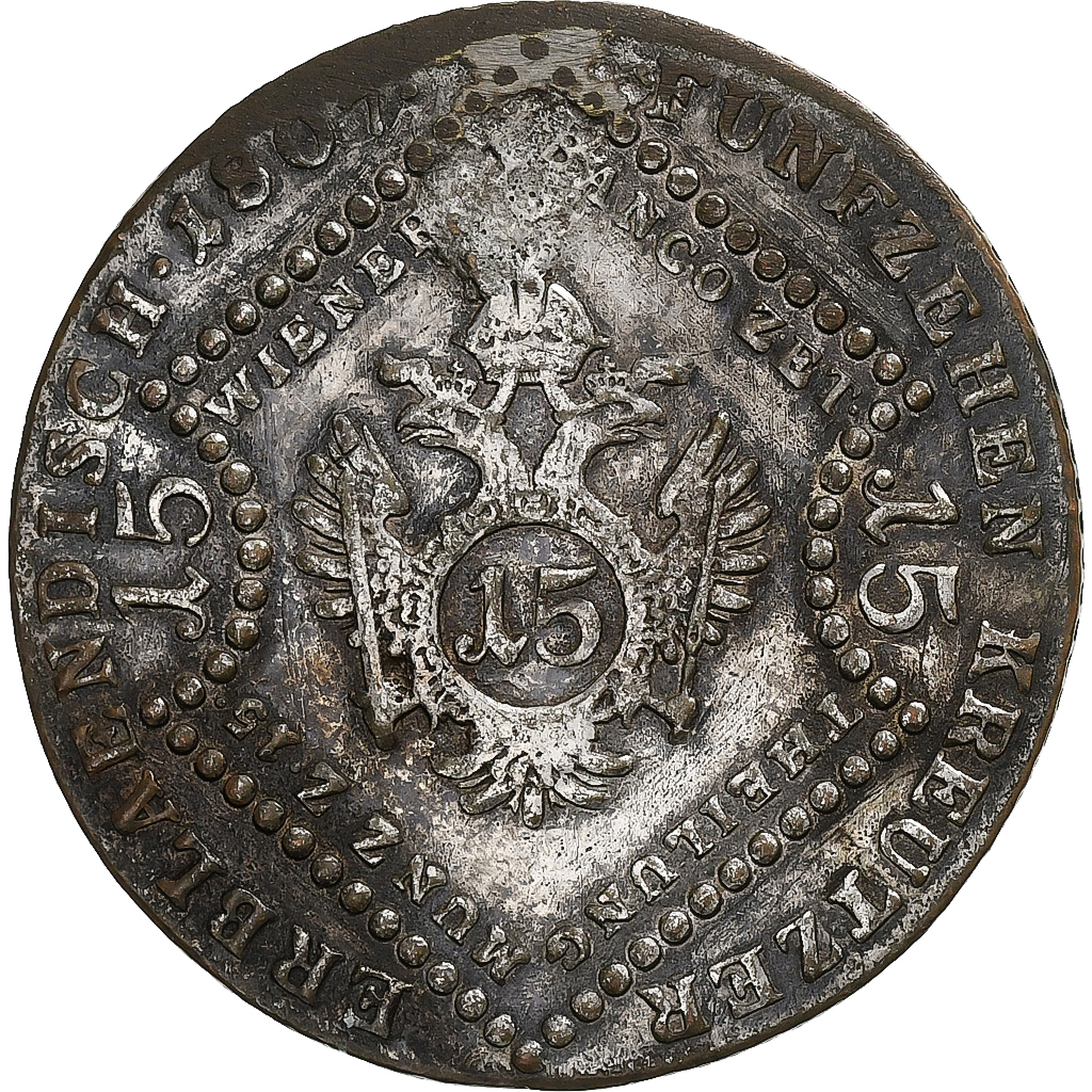 Austria, Franz I, 15 Kreuzer, 1807, Vienna, Silvered copper, VF, KM:2138