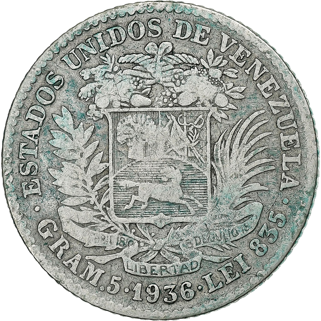Venezuela, Bolivar, 1936, Philadelphia, Silver, , KM:22