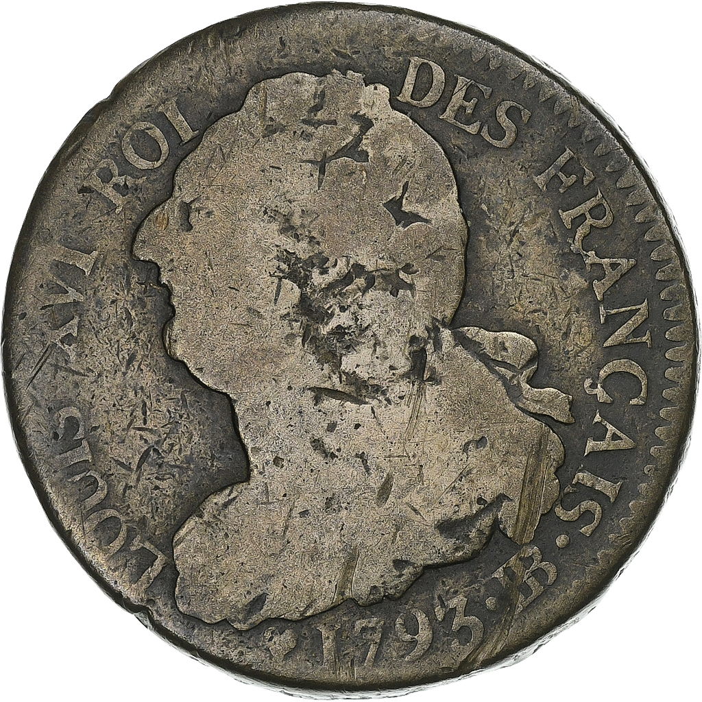 France, Louis XVI, 2 sols Français, 1793 / AN 5, Strasbourg, Copper, 