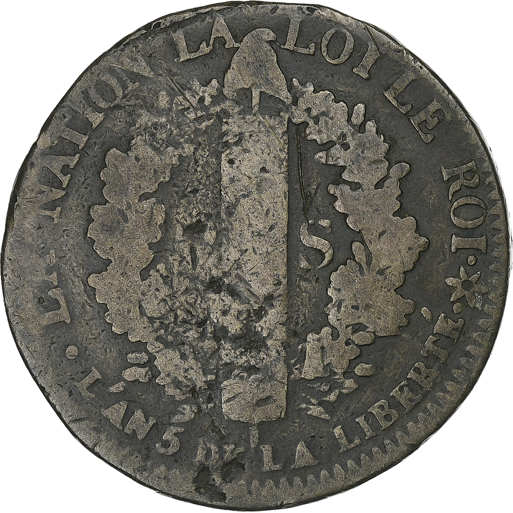 France, Louis XVI, 2 sols Français, 1793 / AN 5, Strasbourg, Copper, 