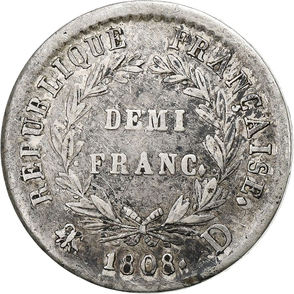 France, Napoleon I, 1/2 Franc, 1808, Lyon, Silver, , Gadoury:398