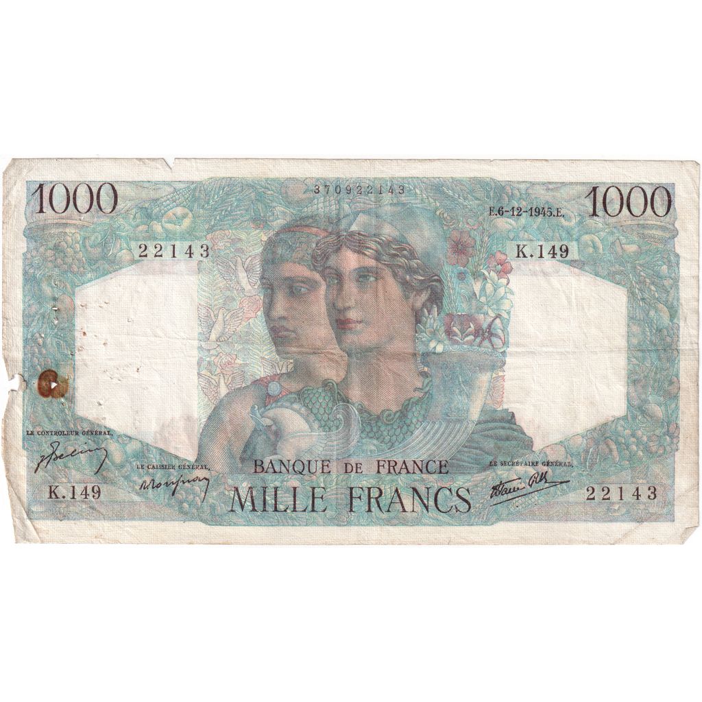 France, 1000 Francs, Minerve et Hercule, 1945-12-06, K.14922143, VF(30-35)