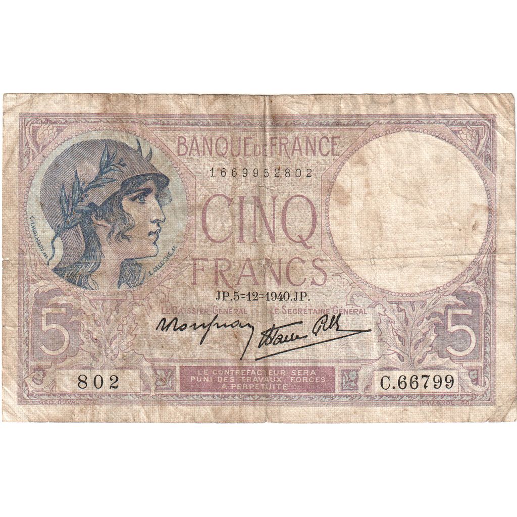 France, 5 Francs, Violet, 1940-12-05, C.66799802, VF(20-25)