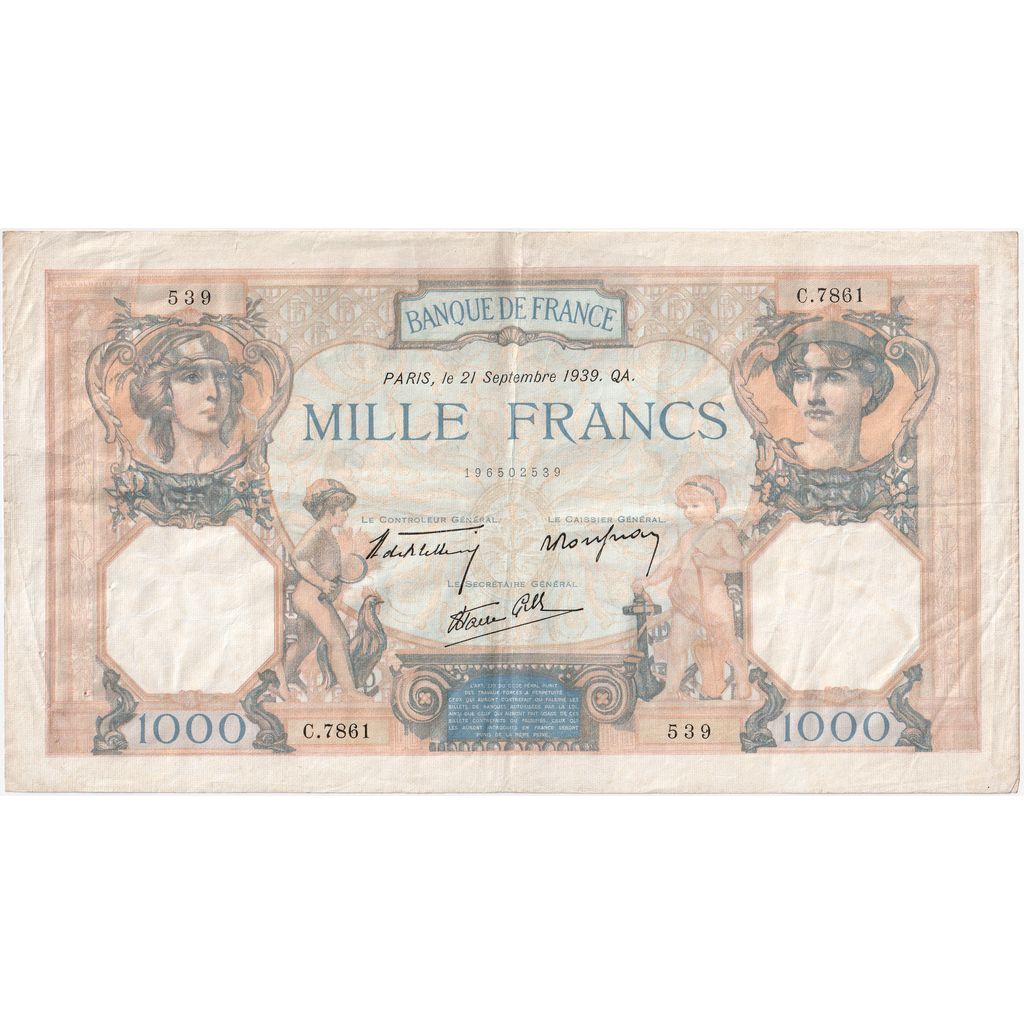 France, 1000 Francs, Cérès et Mercure, 1939-09-21, C.7861539, AU(55-58)