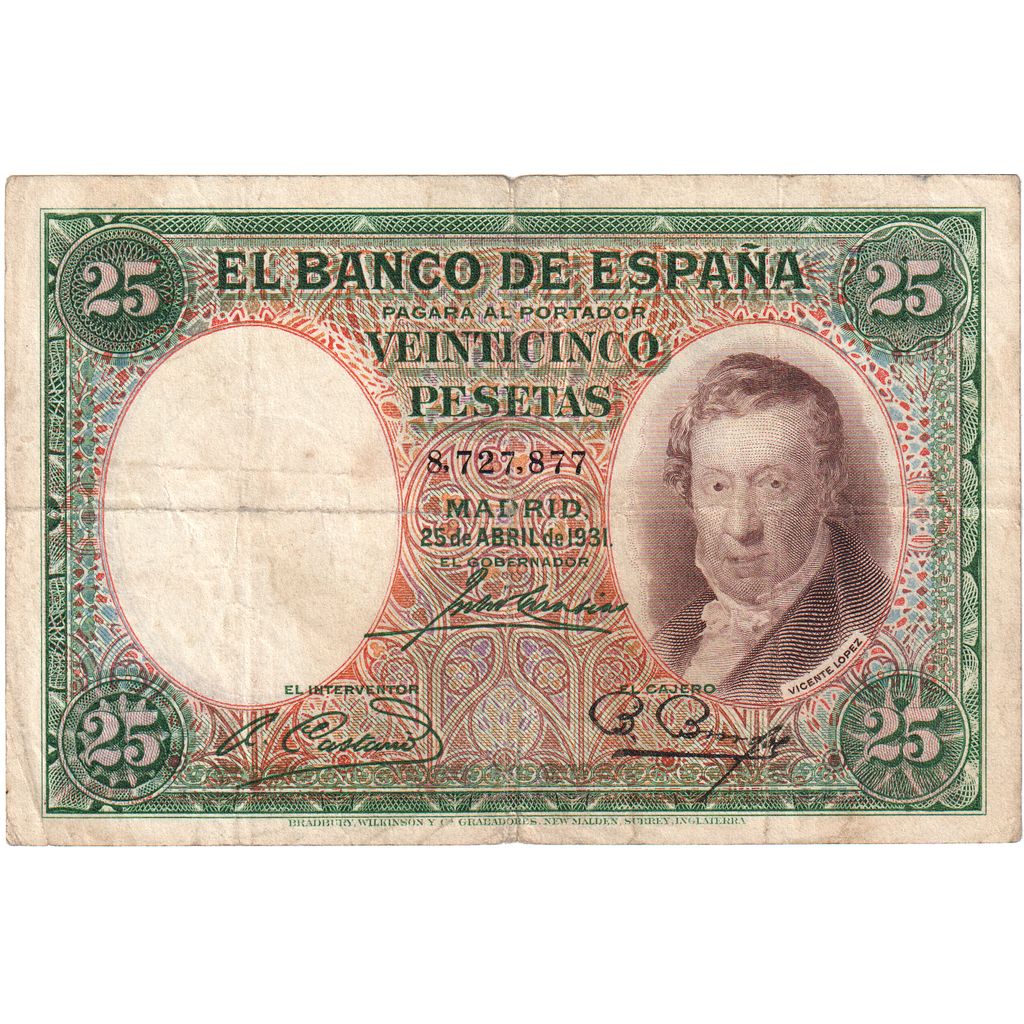 Spain, 25 Pesetas, 1931-04-25, VF(30-35)